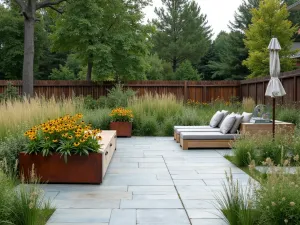 Modern Prairie Stone Patio - Large format limestone pavers with prairie grass borders. Cor-ten steel planters filled with native grasses and black-eyed susans. Clean-lined furniture in natural materials.