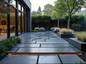 Modern Slate and Glass Patio Design - Contemporary patio featuring dark slate stone tiles in a staggered pattern, contrasted with glass privacy panels. Minimalist concrete planters with architectural grasses create clean lines. LED strip lighting illuminates the stone edges.