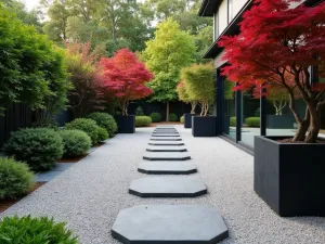 Modern Zen Crushed Granite Patio - A minimalist patio featuring light gray crushed granite, with clean lines and Japanese maple trees in black planters, geometric stepping stones creating a tranquil path