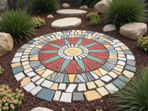 Mosaic Stone Design - DIY mosaic pattern using broken concrete pieces and colored stones, surrounded by drought-tolerant sedums and decorative grasses