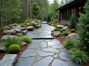 Mountain Lodge Paver Pattern - Rugged slate-style pavers in deep greys and browns, arranged in an organic pattern with alpine plants and dwarf conifers creating a mountain garden atmosphere