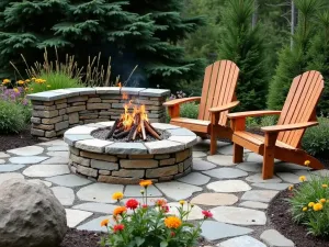 Mountain Lodge Stone Patio - Rugged mountain stone patio with integrated fire pit. Native wildflowers growing between stones. Rustic wooden Adirondack chairs and evergreen backdrop create cozy mountain retreat feeling.