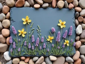 Natural Edge Stone Patio - Affordable slate pieces arranged in a natural edge pattern, with Mexican river rocks as borders and native wildflowers