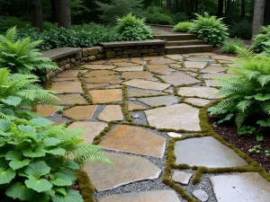 Natural Stone Mixed-Size Patio - Rustic patio with mixed-size natural stone pavers in earth tones, featuring irregular edges and moss growing between stones, bordered by ferns and hostas