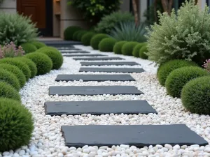 Nordic Minimal Stone Design - Clean-lined slate stepping stones in a minimalist pattern, with white pebbles and simple architectural plants creating a Scandinavian feel