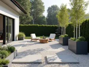 Nordic Minimalist Gravel Garden - Scandinavian-style patio with light gray crushed stone, featuring clean-lined furniture and birch trees in modern planters