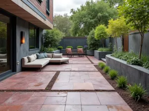 Porphyry Urban Oasis - Contemporary urban patio with purple-red porphyry stone, featuring built-in concrete benches and modern container gardens