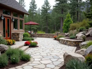 Quartzite Mountain Vista - Mountain-style patio with silvery quartzite stone, surrounded by native alpine plants and rugged boulder accents