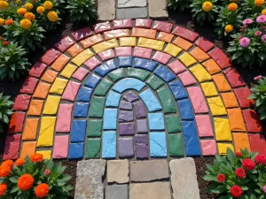 Rainbow Stone Mosaic Patio - Artistic arrangement of colored stone tiles and natural stepping stones creating a vibrant rainbow pattern, surrounded by colorful annual flowers