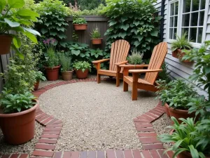 Recycled Brick and Stone Combo - A charming patio made from reclaimed brick edges and crushed stone center, with container herbs and vintage wooden furniture