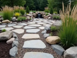 River Rock Mosaic Patio - Artistic arrangement of smooth river rocks and flat stepping stones creating a mosaic pattern patio, with ornamental grasses and water feature