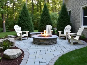 Rustic Bluestone Fire Pit Area - A cozy bluestone patio with a built-in stone fire pit, surrounded by Adirondack chairs and natural boulder accents