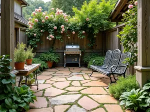 Rustic Flagstone Cottage Patio - Irregular flagstone patio in warm earth tones, surrounded by cottage garden plantings. Climbing roses on weathered wooden trellises, with thyme growing between the stone joints. Vintage metal furniture adds charm.