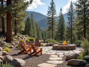 Rustic Mountain Gravel Retreat - Mountain-style patio with rustic crushed river rock, Adirondack chairs, and native pine trees, featuring a stone fire pit