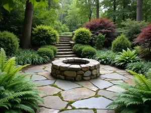 Rustic Slate Garden Haven - Natural irregular slate stone patio with moss-filled joints, surrounded by lush ferns and hostas, with a rustic stone fire pit as centerpiece