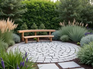 Rustic Stone Circle - Small circular patio using affordable stone tiles, surrounded by russian sage and ornamental grasses, with a DIY wooden bench