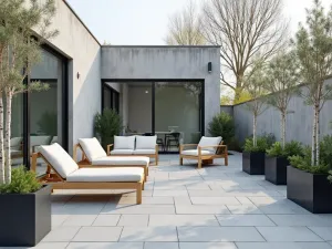 Scandinavian Bluestone Haven - A minimalist bluestone patio with light wooden furniture, white textiles, and silver birch trees in modern planters