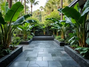 Slate Tropical Paradise - Dark slate stone patio surrounded by lush tropical foliage, featuring banana plants and birds of paradise in raised stone planters