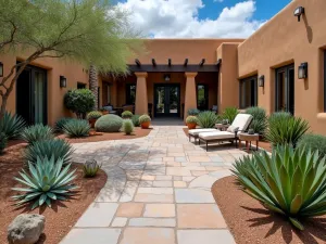 Southwest Bluestone Desert Oasis - A southwestern-style bluestone patio with desert landscaping, featuring agave plants and terra cotta accents