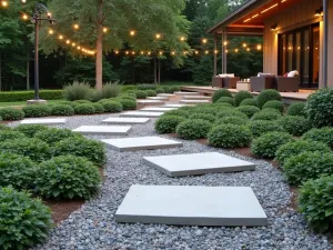 Stepping Stone Pattern - Large concrete stepping stones arranged in a geometric pattern with pea gravel fill, surrounded by creeping thyme and string lights overhead