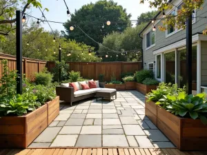 Stone and Wood Fusion - Limestone pavers combined with wooden deck boards, featuring container vegetables and string light canopy