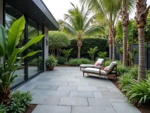 Tropical Modern Paver Design - Large-format grey porcelain pavers creating a contemporary patio space with tropical plantings, including bird of paradise and dramatic palm trees