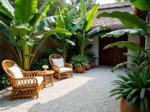 Tropical Paradise Pebble Patio - Exotic patio with white crushed pebbles, surrounded by banana plants and bird of paradise, featuring bamboo furniture