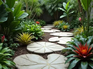 Tropical Paradise Stone Path - Large tropical leaf-shaped concrete stepping stones creating a patio space, surrounded by colorful bromeliads, palms, and tropical foliage