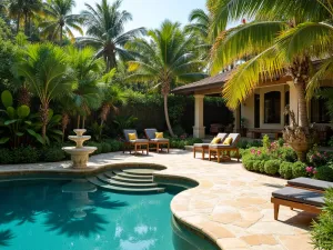 Tropical Stone Pool Patio - Natural travertine stone patio surrounding a pool area. Lush tropical plantings including birds of paradise and palm trees. Teak furniture and carved stone water features create resort atmosphere.