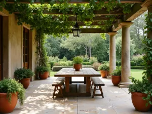 Tuscan Stone Dining Patio - Weathered travertine patio with classic Italian styling. Terracotta pots filled with herbs and citrus trees. Large wooden dining table under pergola covered in grapevines.