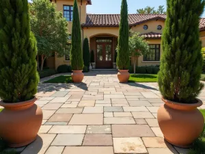 Tuscan Villa Paver Design - Weathered limestone pavers in warm tones arranged in a Roman pattern, creating an elegant Italian-inspired patio with cypress trees and terra cotta planters