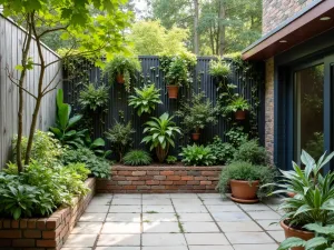 Urban Stone Sanctuary - Small stone tile patio with vertical garden wall, using repurposed materials and hanging plants for privacy