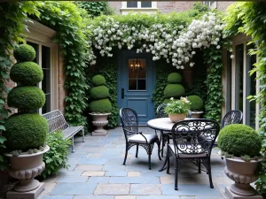 Victorian Bluestone Garden Room - An ornate bluestone patio with vintage cast iron furniture, climbing clematis, and decorative urns filled with boxwood topiaries