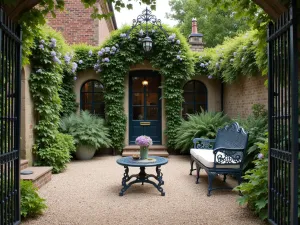 Victorian Gravel Courtyard - Traditional Victorian-style patio with fine crushed gravel, ornate metal furniture, and climbing clematis on wrought iron arches