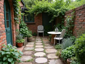 Vintage Brick and Stone Mix - Combination of antique brick and weathered stepping stones creating a nostalgic patio space, with climbing vines and vintage garden furniture