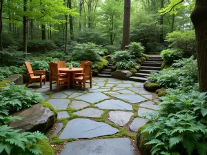 Woodland Bluestone Retreat - A natural bluestone patio surrounded by native ferns and moss, with wooden furniture and stone boulder accents