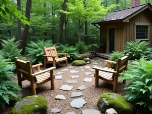 Woodland Retreat Gravel Patio - Natural woodland patio with crushed stone path, surrounded by ferns and hostas, featuring rustic log furniture and moss-covered rocks