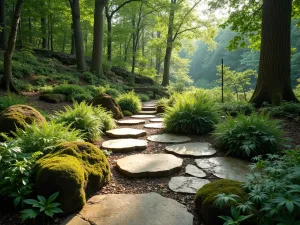 Woodland Stone Path Patio - Natural irregular stepping stones creating a woodland patio area, surrounded by ferns, hostas, and moss, dappled sunlight filtering through tree canopy