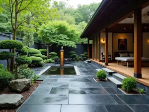 Zen Basalt Haven - Japanese-inspired patio with dark basalt stone tiles, featuring cloud-pruned boxwood and a small water feature with bamboo spout