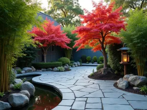 Zen Bluestone Meditation Space - A serene bluestone patio with Japanese maple trees, stone lanterns, and a small reflection pool surrounded by bamboo