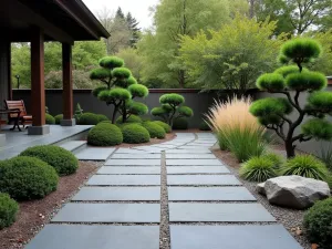 Zen Garden Stone Layout - Large rectangular slate-colored pavers with wide gravel joints, creating a Japanese-inspired patio space with cloud-pruned junipers and ornamental grasses